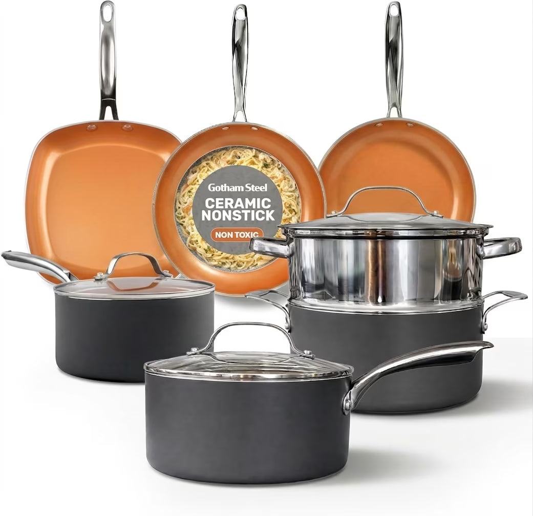 Gotham Steel 12 Pc Pots and Pans Set Non Stick, Cookware Set, Oven & Dishwasher Safe, Copper