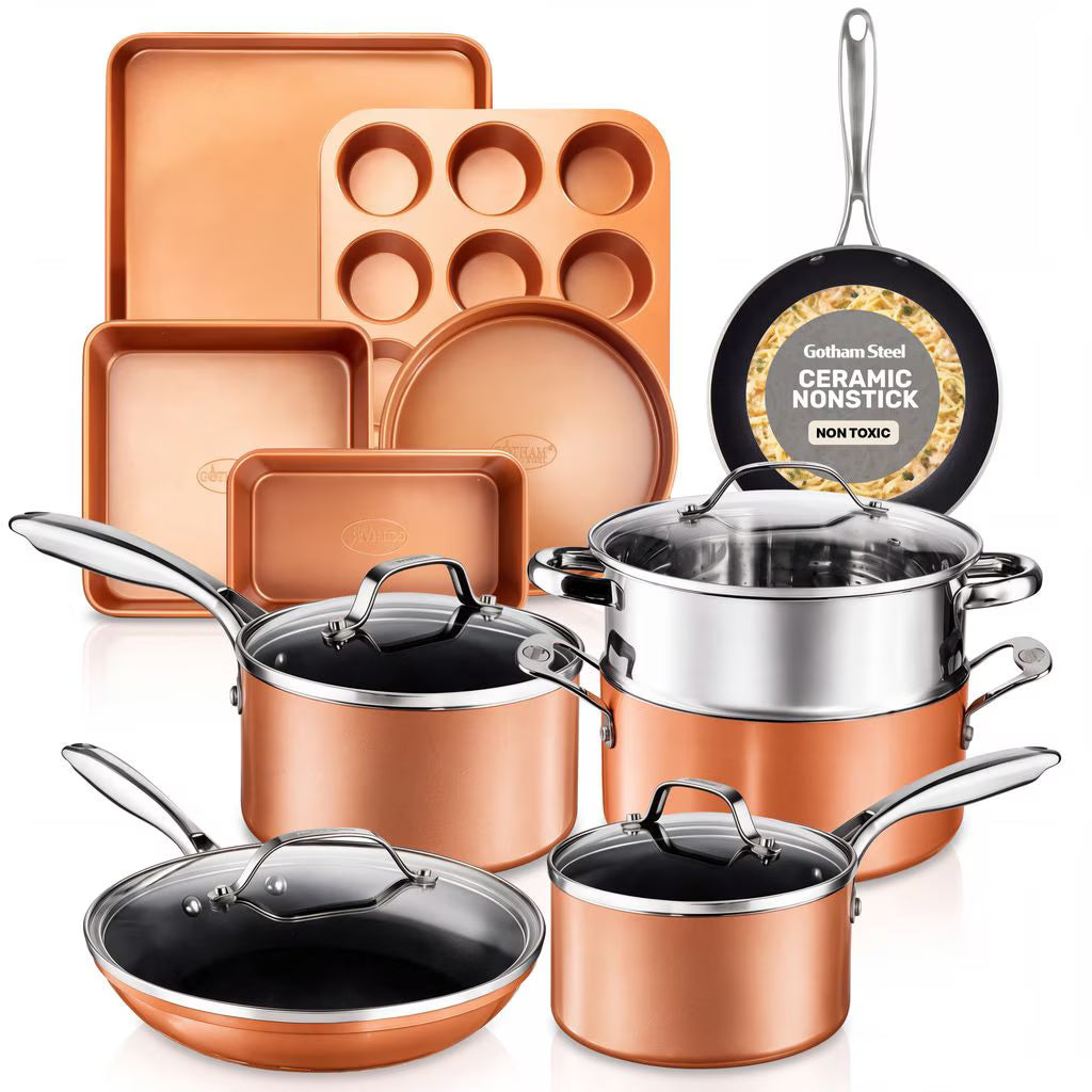 Gotham Steel 15 Pc Nonstick Pots and Pans Set, Ceramic Cookware Set, Kitchen Cookware Set with Bakeware, Non Stick Cookware Set, Oven/Dishwasher Safe