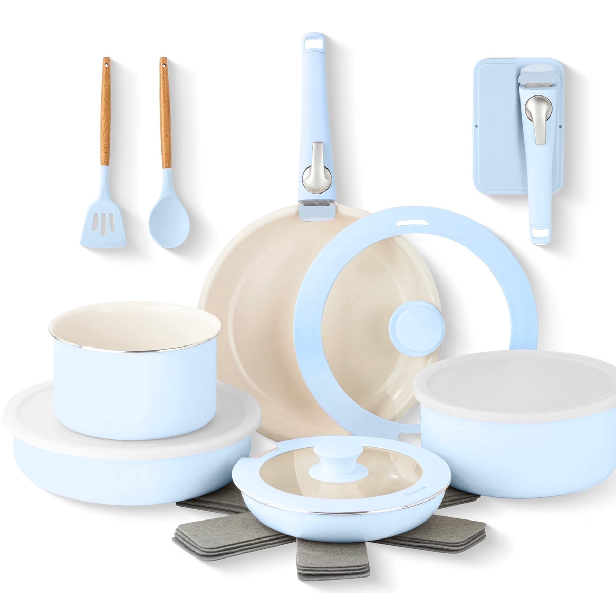Gotham Steel 18 Pcs Pots and Pans set Non Stick, Ceramic Pan Cookware Set W/ Detachable Handle, RV Kitchen Cooking Set with Secure Lock Removable Handles, Oven Safe Nonstick Pan Set, Blue