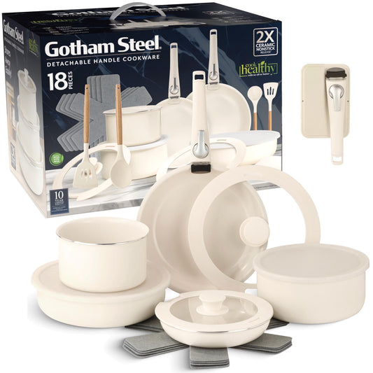 Gotham Steel 18 Pcs Pots and Pans set Non Stick, Ceramic Pan Cookware Set W/ Detachable Handle, RV Kitchen Cooking Set with Secure Lock Removable Handles, Oven Safe Nonstick Pan Set, Cream
