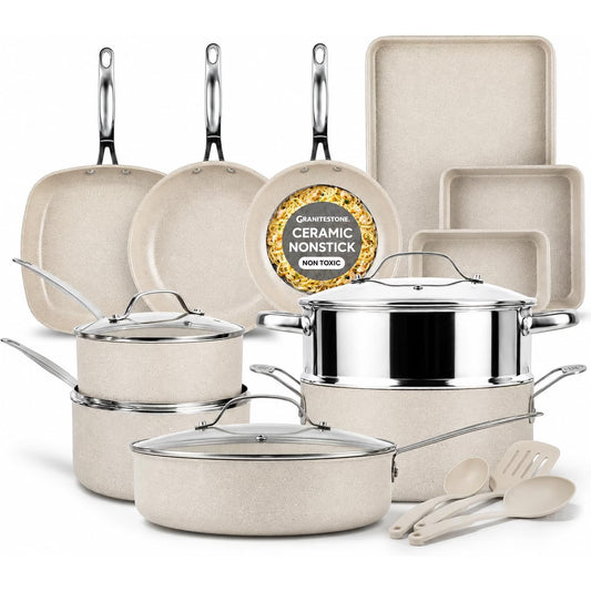 Granitestone 20 Pc Pots and Pans Set Non Stick, Ceramic Cookware Set with Square Pan, Bakeware and Utensils, Oven & Dishwasher Safe, Cream