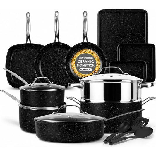 Granitestone 20 Pc Pots and Pans Set Non Stick, Ceramic Cookware Set with Square Pan, Bakeware and Utensils, Oven & Dishwasher Safe, Black