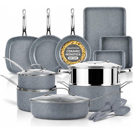 Granitestone 20 Pc Pots and Pans Set Non Stick, Ceramic Cookware Set with Square Pan, Bakeware and Utensils, Oven & Dishwasher Safe, Gray