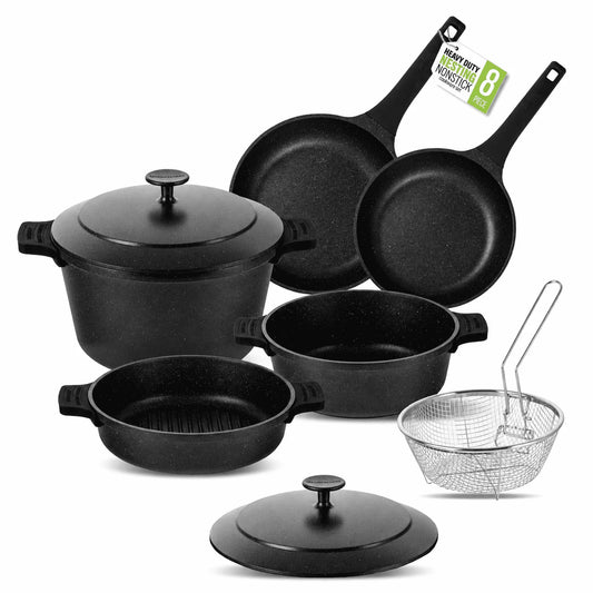 Granitestone 8Pc Pots and Pans Set Nonstick, Ultimate Grillers Cookware Set, Nesting Ceramic Cookware Set, Indoor Grilling & Fry Set, Induction & Camping Cookware Set, Space Saving, Black