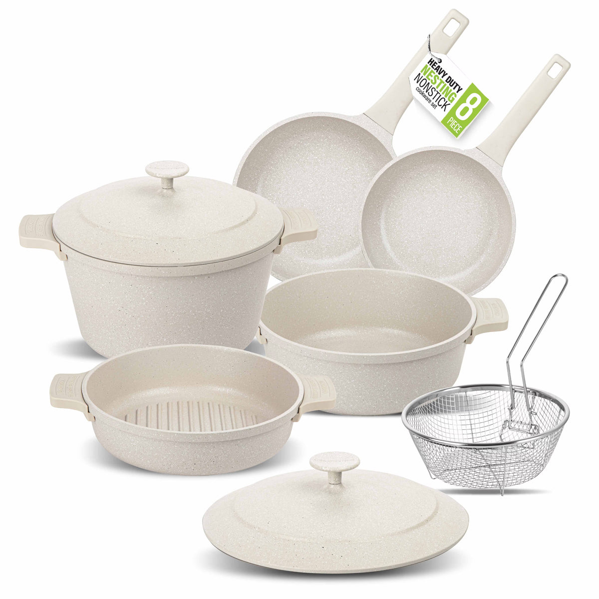 Granitestone 8Pc Pots and Pans Set Nonstick, Ultimate Grillers Cookware Set, Nesting Ceramic Cookware Set, Indoor Grilling & Fry Set, Induction & Camping Cookware Set, Space Saving, Desert