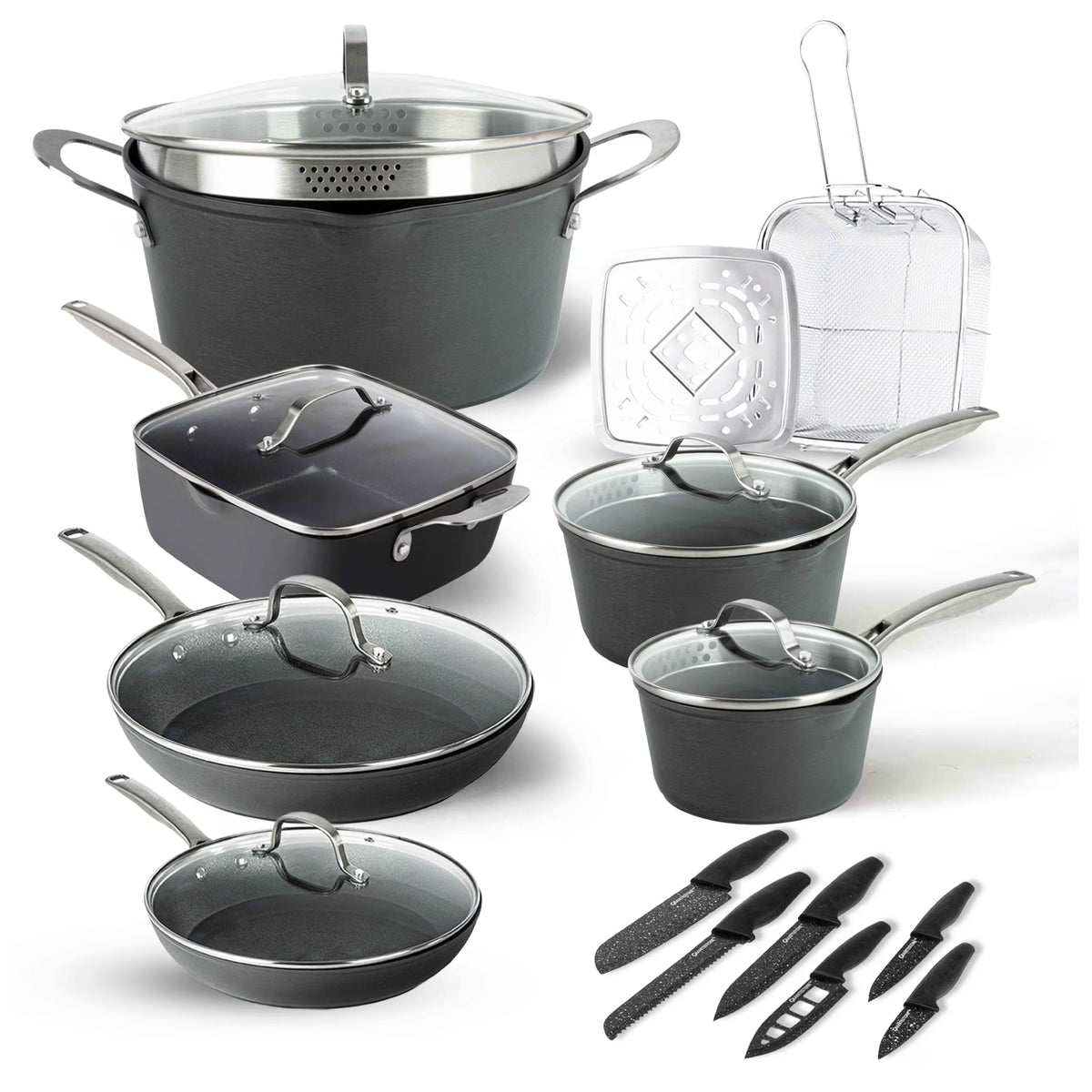 Granitestone Armor Max 20 Pc Pots and Pans Set Non Stick, Hard Anodized Induction Cookware Set with Knife Set and Deep Fryer Basket, Oven & Dishwasher Safe, Black