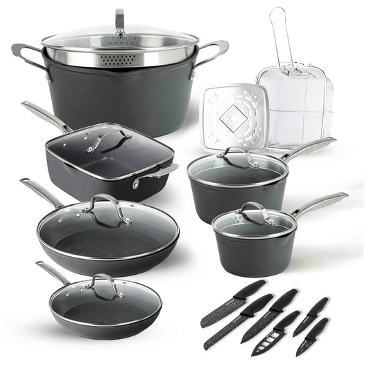 Granitestone Armor Max 20 Pc Pots and Pans Set Non Stick, Hard Anodized Induction Cookware Set with Knife Set and Deep Fryer Basket, Oven & Dishwasher Safe, Black