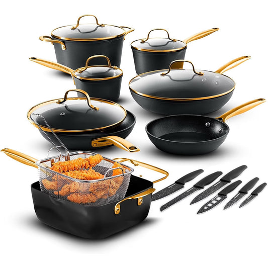 Granitestone Armor Max 20 Pc Pots and Pans Set Non Stick, Hard Anodized Induction Cookware Set with Knife Set and Deep Fryer Basket, Oven & Dishwasher Safe, Black/Gold