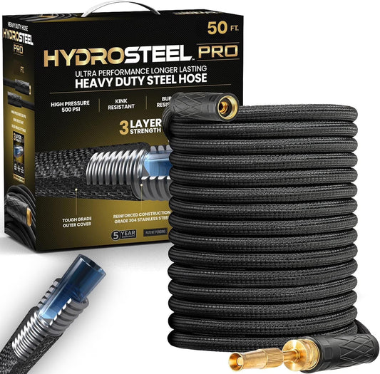 HYDROSTEEL PRO 50 Ft Metal Garden Hose with Nozzle, Indestructible 3-Layer Stainless Steel Heavy Duty Water Hose 50Ft x 5/8 in. Kink Free Design Will Not Kink, Flexible, NON Expandable, 500 PSI