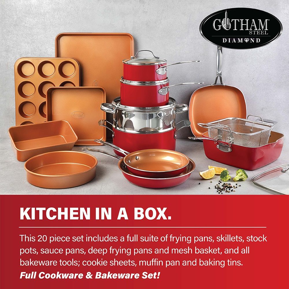 Gotham Steel 32 Pc Pots and Pans Set Nonstick Cookware + Bakeware Set, Complete Ceramic for Kitchen, Non Stick with Lids, Dishwasher / Oven Safe, Toxic - Red