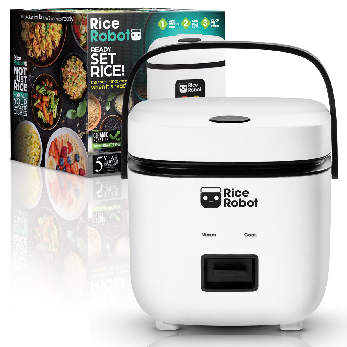 Rice Robot Personal Electric Rice Cooker & Steamer, 4 Cup, Nonstick, with Steamer Tray, White/Black