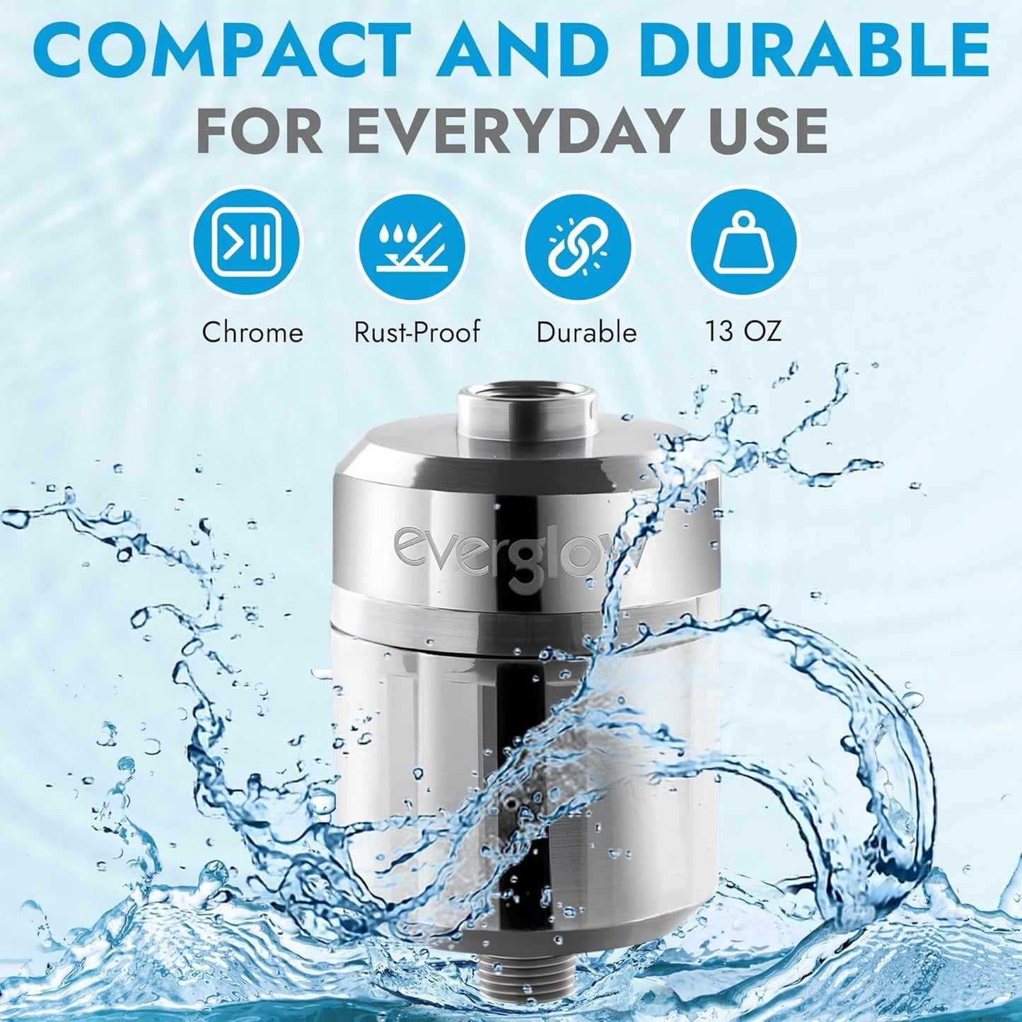 EVERGLOW High-Output Shower Filter, 100% Removes Chlorine, Moisturizes Dry Itchy Skin, Skin and Hair, Helps with Dandruff, Eczema and Vitamin C Infused and Water Softener, 4.7”