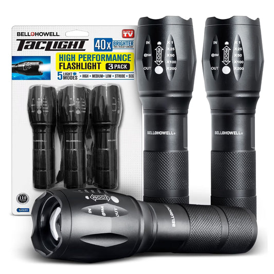 Taclight Tactical Flashlight 3 Pack Weatherproof Aircraft Grade Aluminum Construction, 5 Light Modes with 50,000 Hour Cree LEDs, 40x Brighter – As Seen on TV
