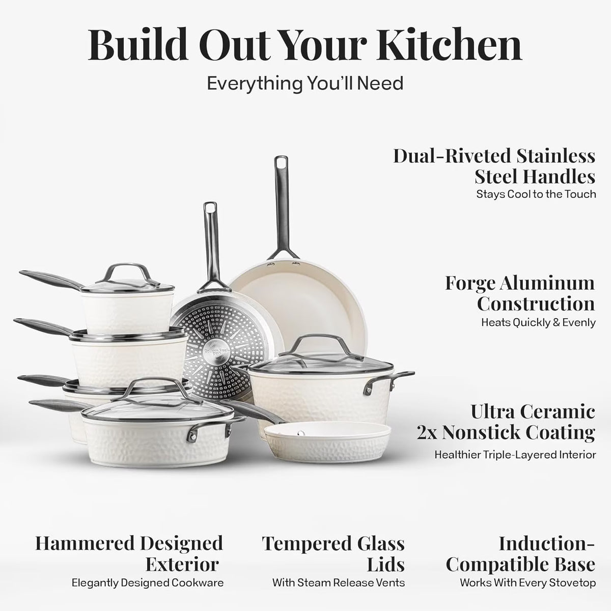 Gotham Steel Hammered 20Pcs Ceramic Cookware Set Nonstick, Induction Pots and Pans Set Non Stick with Deep Fry Pan, Steamer, and Bakeware, Non Toxic, Oven & Dishwasher Safe, Cream