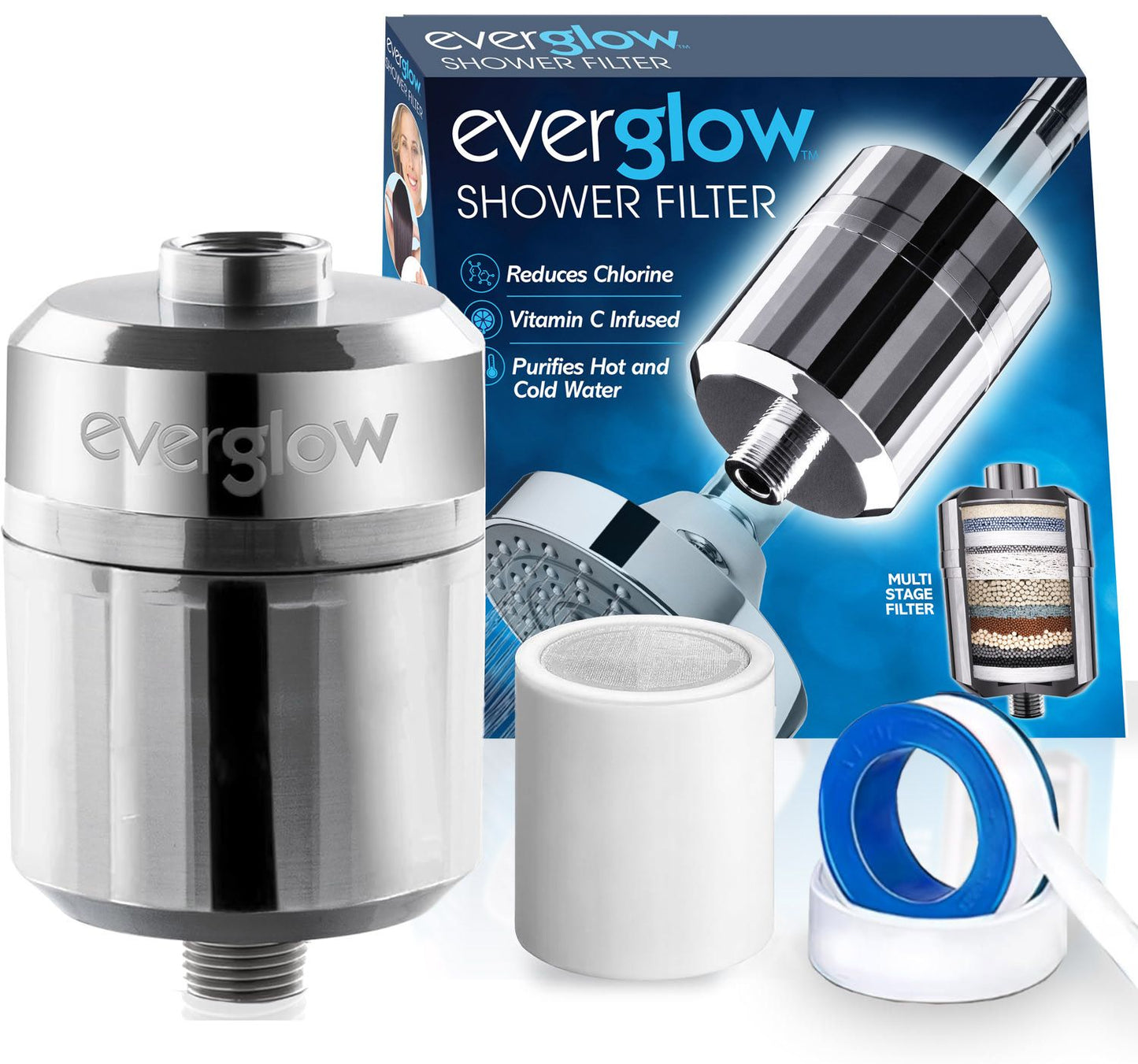 EVERGLOW High-Output Shower Filter, 100% Removes Chlorine, Moisturizes Dry Itchy Skin, Skin and Hair, Helps with Dandruff, Eczema and Vitamin C Infused and Water Softener, 4.7”