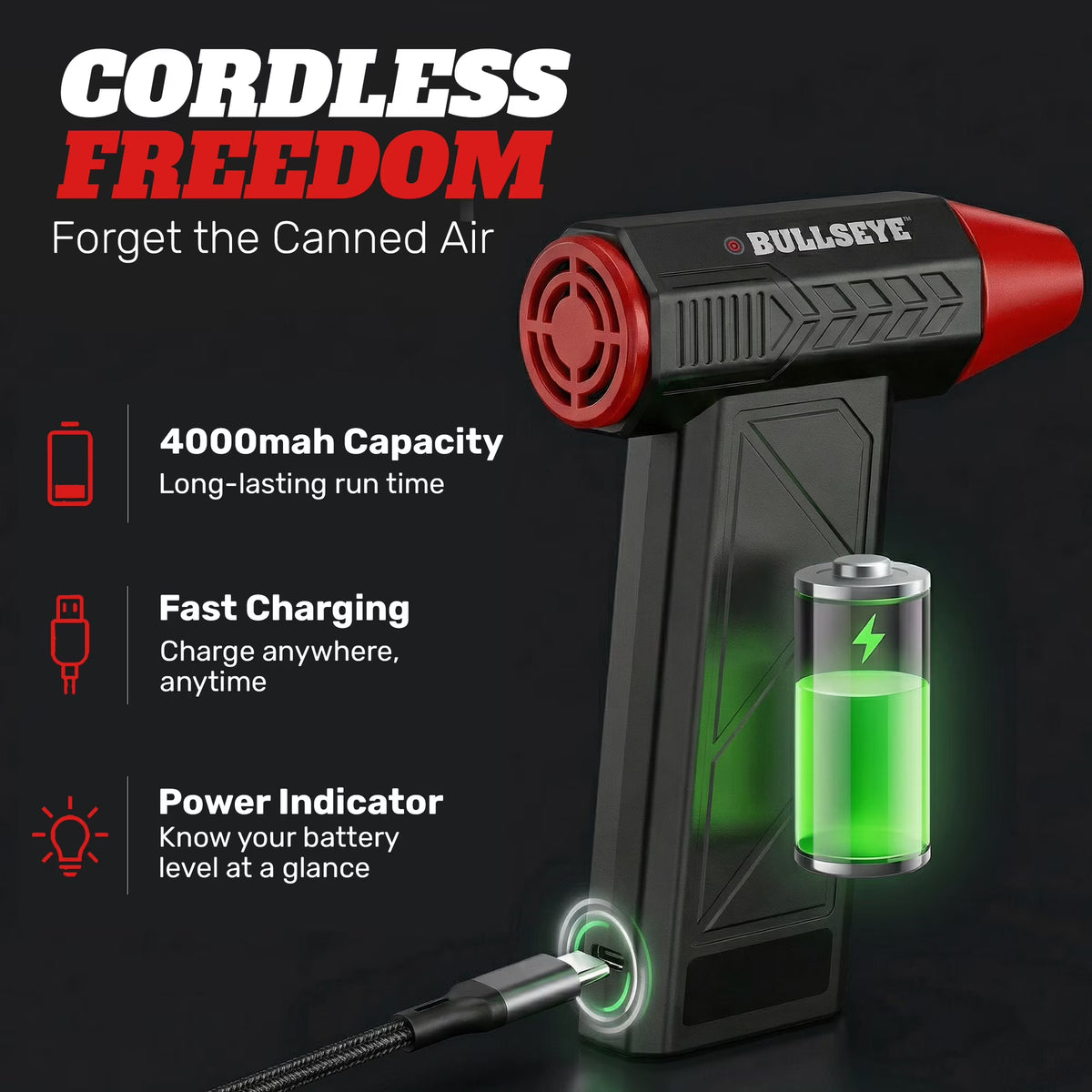Bullseye Blaster Rechargeable Electric Air Duster, Cordless Leaf Blower, Compressed Air Blower, Keyboard Duster Blower 130,000 RPM, USB-C Fast Charging, 4000mAh, 2 Nozzles Included