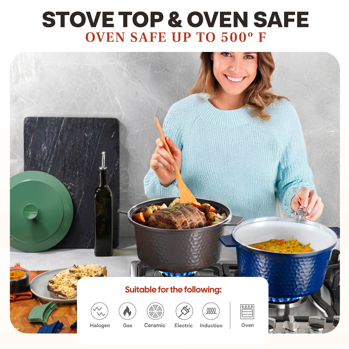 Gotham Steel Ceramic Hammered 5 Qt Lightweight Dutch Oven Pot with Lid & Holders, Oven Safe & Even Heat Retaining Dutch Oven for Bread Baking Sourdough, Soup, 70% Lighter than Cast Iron, Dark Roast