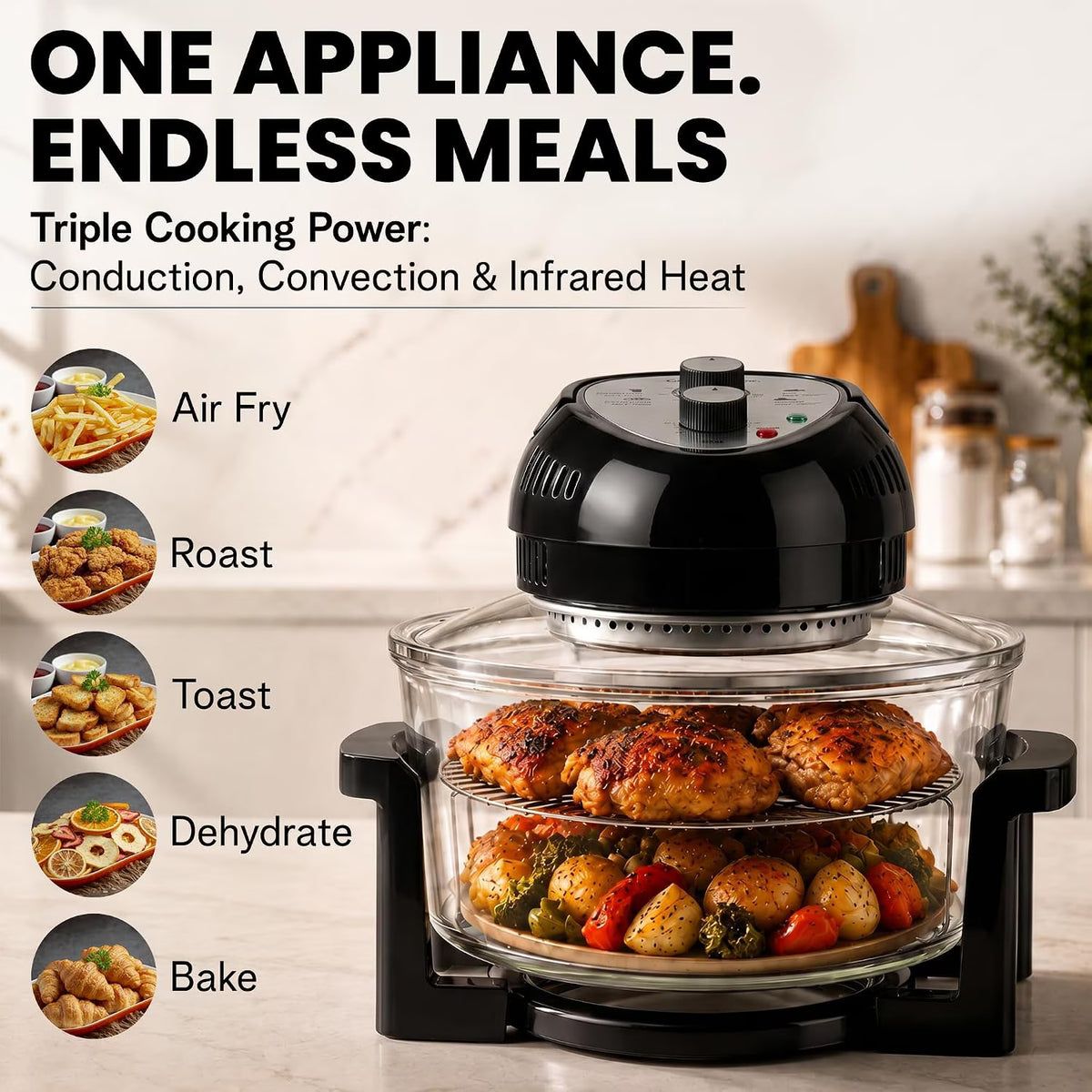 Granitestone 16Qt Large Glass Air Fryer Non Toxic – Family Sized Airfryer Cooker with 3 Cooking Levels, Stainless Steel Racks, Chicken, No Preheat, Self Cleaning, Dishwasher Safe, Black