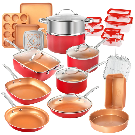 Gotham Steel 32 Pc Pots and Pans Set Nonstick Cookware + Bakeware Set, Complete Ceramic for Kitchen, Non Stick with Lids, Dishwasher / Oven Safe, Toxic - Red